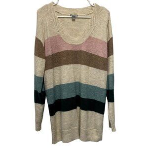 Falls Creek Women's Long Length Pull Over Scoop Neck Sweater Striped Brown Pink